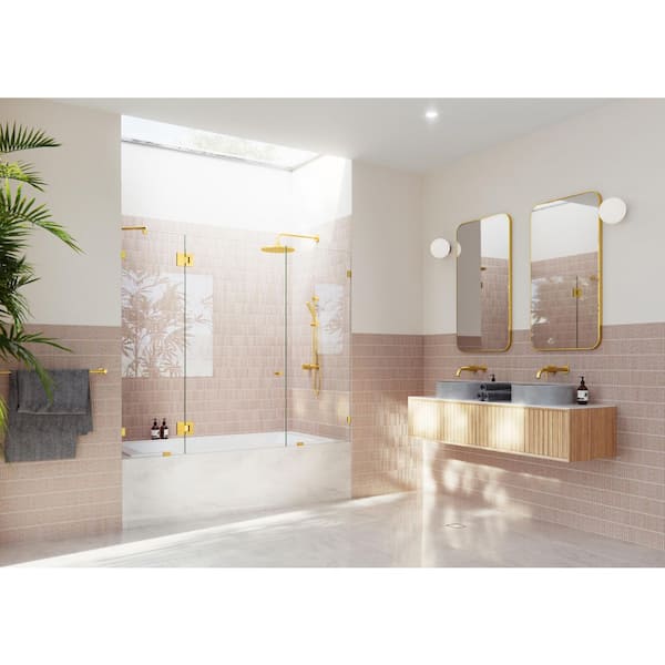 Glass Warehouse Stellar 71.5 in. W x 58.25 in. H Glass Hinged Frameless 3-Panel Inline Tub Door in Satin Brass with Clear Glass