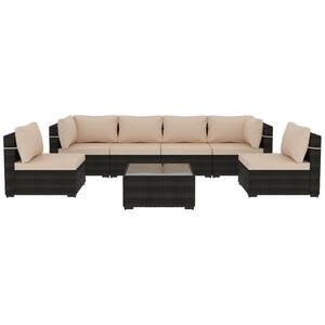 7-Piece Wicker Patio Conversation Sectional Seating Set with Beige Cushions