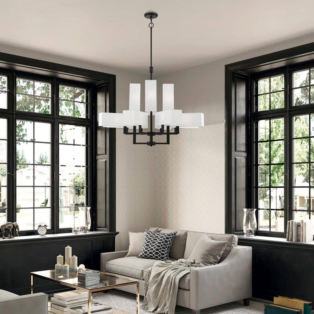 Rubix Black 12-Light Chandelier with Off-White Shades