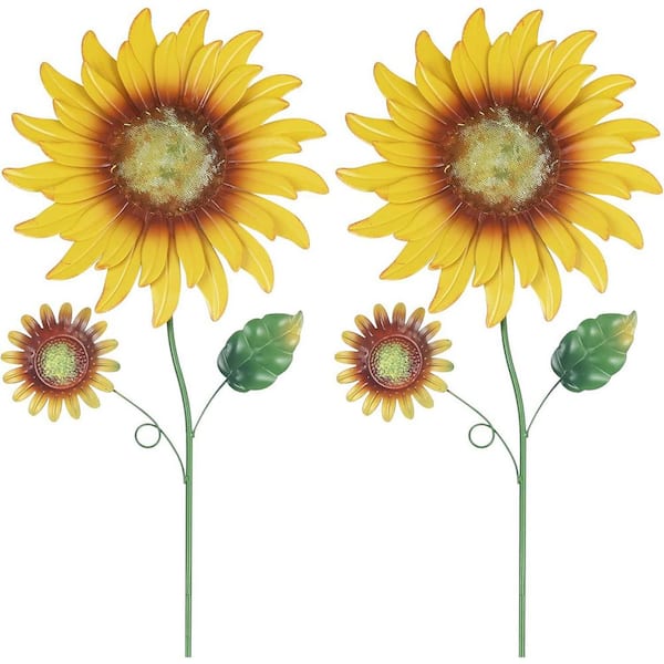Metal Sunflowers Decorative Garden Stakes, 2 Pack 33" Outdoor Garden Decor with Shaking Head Sunflowers Yard Stakes
