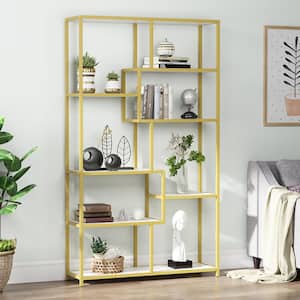 Betty 70.9 in. White Marble 8-Shelf Etagere Bookcase with Faux Marble