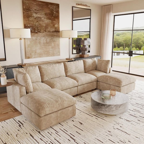 100 in. Square Arm 6-Piece Chenille L-Shaped Sectional Sofa Rearrangeable Solid Wood Cloud Couch in. Khaki with Ottomans