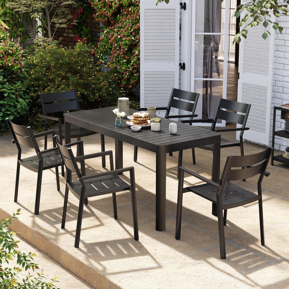 7-Piece Aluminum Rectangular Outdoor Dining Set with Extension Table and Stackable Chairs, Black price history on PriceWatchPro