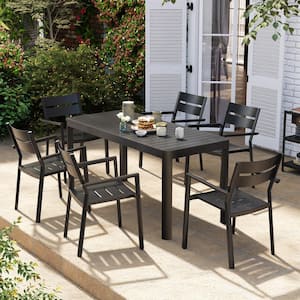 7-Piece Aluminum Rectangular Outdoor Dining Set with Extension Table and Stackable Chairs, Black