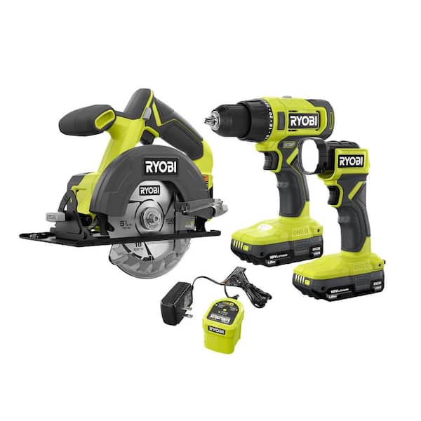 RYOBI ONE+ 18V Cordless 3-Tool Combo Kit with Drill/Driver, Circular Saw, Light, (2) 1.5 Ah Batteries, and Charger