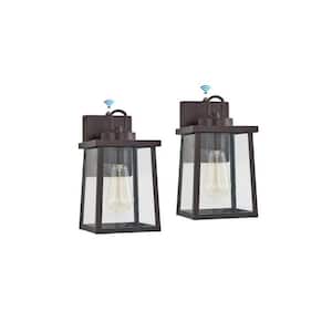 Modern Oil Rubbed Bronze E26 Motion Sensor Dusk to Dawn Wall Lantern Sconce with Clear Glass Shade (Set of 2)