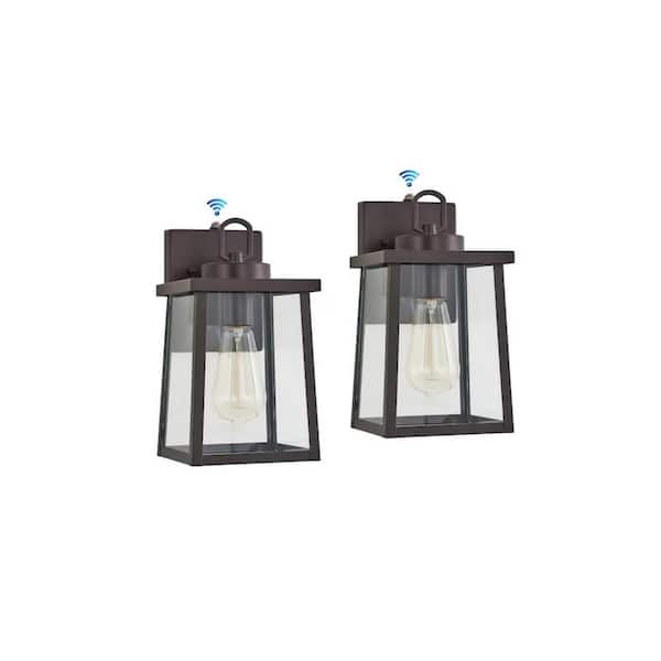 Unbranded Modern Oil Rubbed Bronze E26 Motion Sensor Dusk to Dawn Wall Lantern Sconce with Clear Glass Shade (Set of 2)