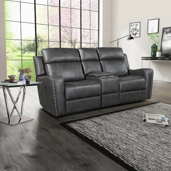 Cadmus 72 in W Microfiber Fabric 2-Seater Power Double Reclining Love Seat with Center Console in Smoky Gray