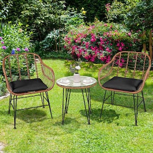 3-Piece Wicker Patio Rattan Bistro Set Coffee Table Armchair Garden Black Cushion