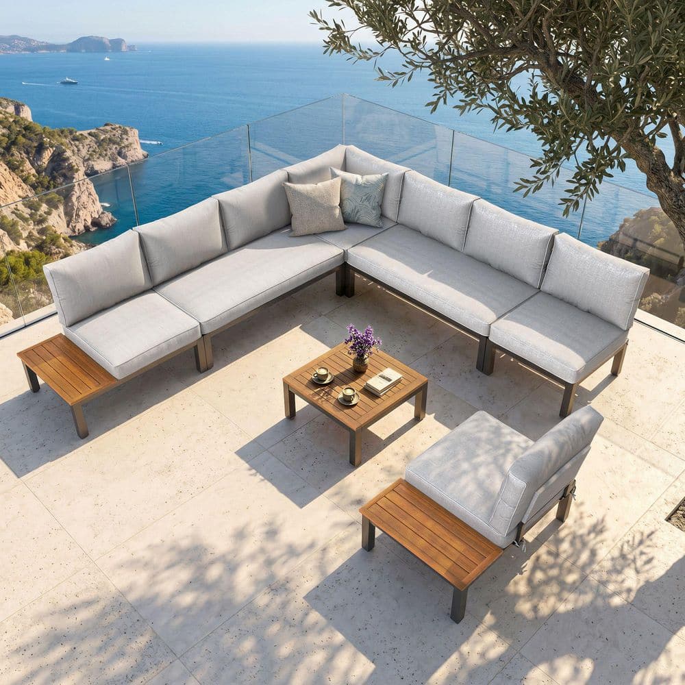 8 -Seat 7-Piece Metal Outdoor Patio Conversation Sectional -Seating Set with Light Gray Cushions and Coffee Table