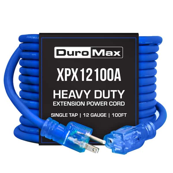 DUROMAX 100 Ft 12/3 SJEOOW 15 Amp 120-Volt 1875-Watt Indoor/Outdoor -58° F - 221° F Single Tap Blue Lighted Extension Power Cord