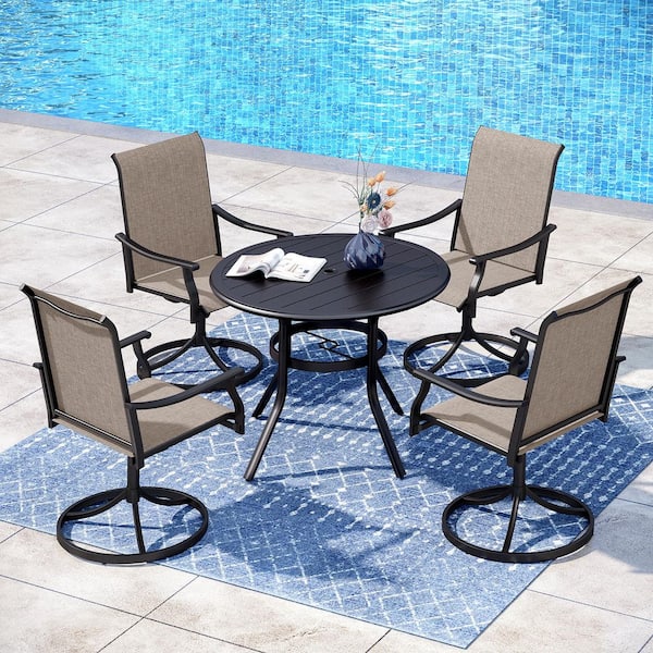 PHI VILLA Black 5-Piece Metal Outdoor Patio Dining Set with Round Slat Table and Textilene Swivel Chairs