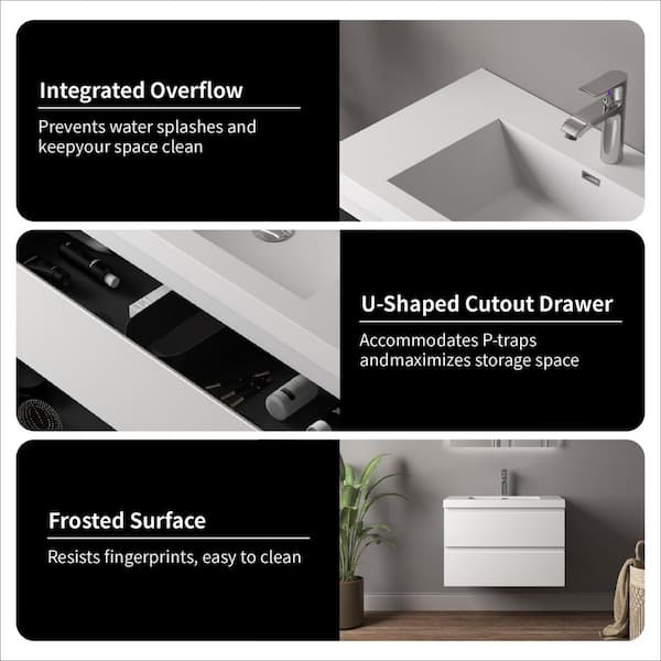 TONA Angela 36 in. Single HG. White Bath Vanity Wall-mounted