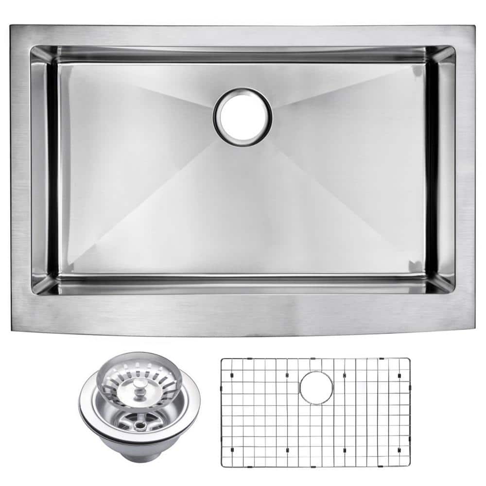 Water Creation Farmhouse Apron Front Stainless Steel 33 in. Single Bowl Kitchen Sink with Strainer and Grid in Satin -  SSSG-AS-3322B16