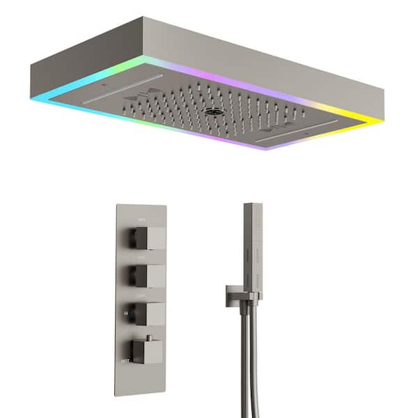LED Ceiling Mounted 2-Spray 4-Handle Shower Faucet with Music 2.5 GPM with Thermostatic in Brushed Nickel Rust-Resistant