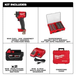 M18 FUEL 18V Lith-Ion Brushless Cordless 3/8 in. Compact Impact Wrench with Batteries & Impact Socket Set