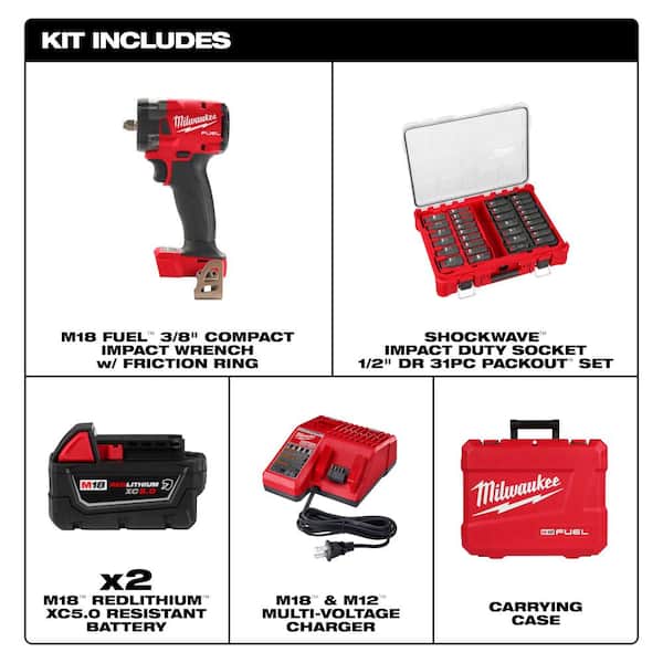 M18 FUEL 18V Lith-Ion Brushless Cordless 3/8 in. Compact Impact Wrench with Batteries & Impact Socket Set