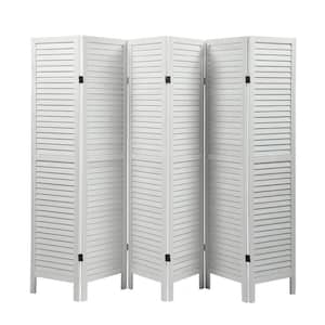 Old white 6-Panel Sycamore Wood Panel Screen Folding Louvered Room Divider