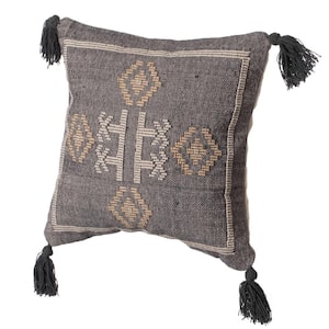 16 in. x 16 in. Brown Handwoven Cotton Throw Pillow Cover with Tribal Aztec Design and Tassel Corners