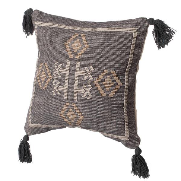 DEERLUX 16 in. x 16 in. Brown Handwoven Cotton Throw Pillow Cover with Tribal Aztec Design and Tassel Corners with Filler