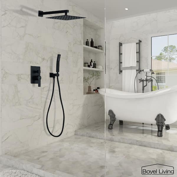 1-Spray Patterns with 2.5 GPM 10 in. Wall Mount Dual Shower Heads with Pressure Balance Valve in Matte Black