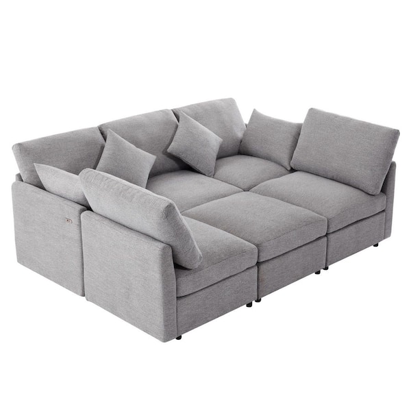Light Grey 86.6 in.  Modular Chenille Sectional Sofa Bed Sofa with a Movable Ottoman and Two USB Port