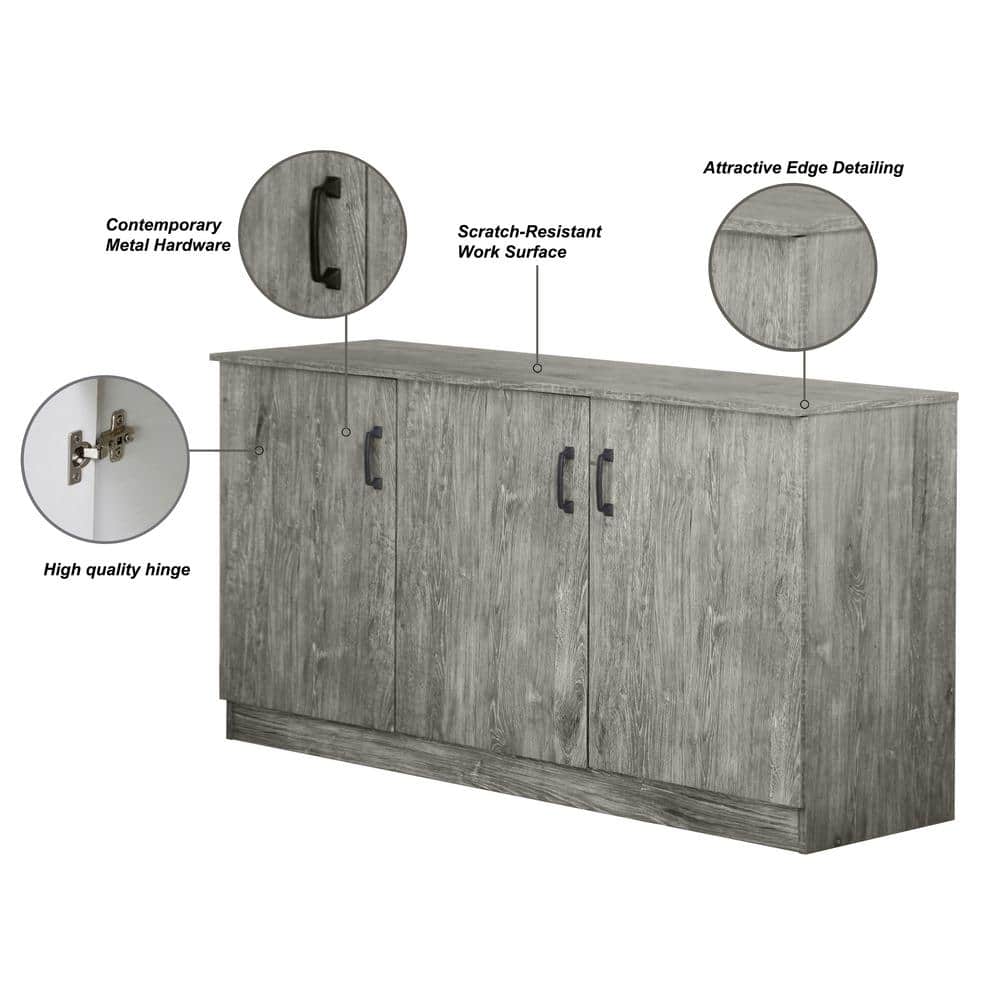 Gray Oak 3-Door Office Credenza with Adjustable Shelving