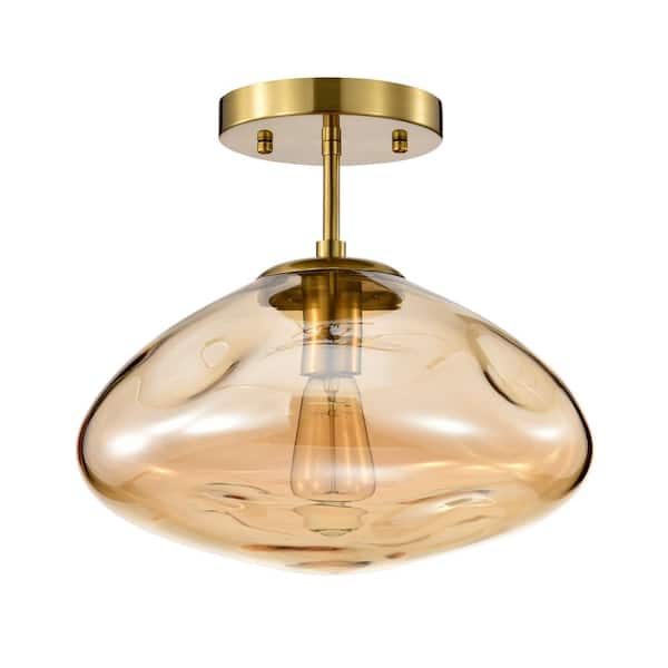 Warehouse of Tiffany Einar 13.8 in. 1-Light Indoor Brass Finish Semi-Flush Mount Ceiling Light with Light Kit