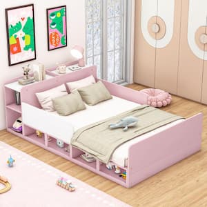 Pink Wood Frame Full Size Platform Bed with Storage Headboard and Under-Bed Cabinets
