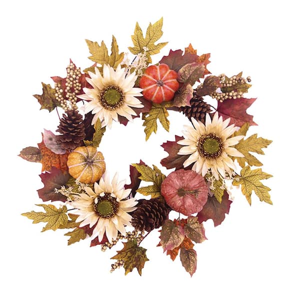Home Accents Holiday 26 in. Unlit Artificial Harvest Sunflower with Pumpkin Wreath