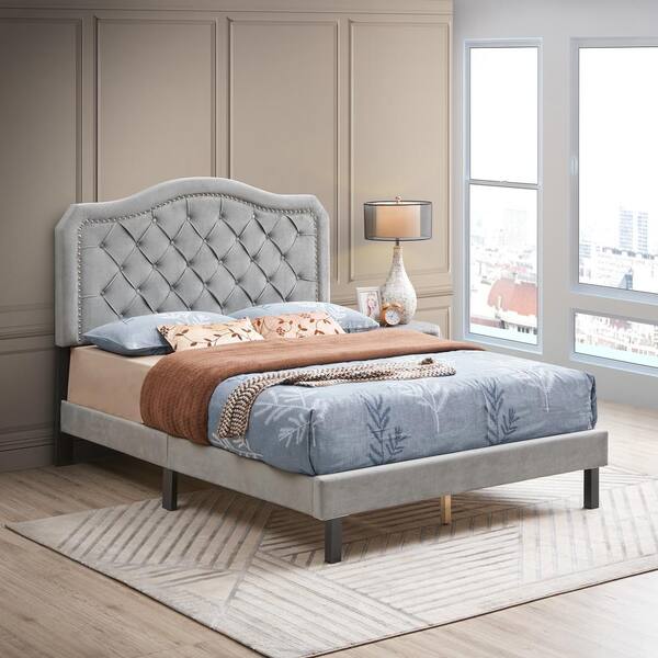 Light Gray King Size Upholstered Bed Frame Platform Headboard Bed W/ Wood Slats 