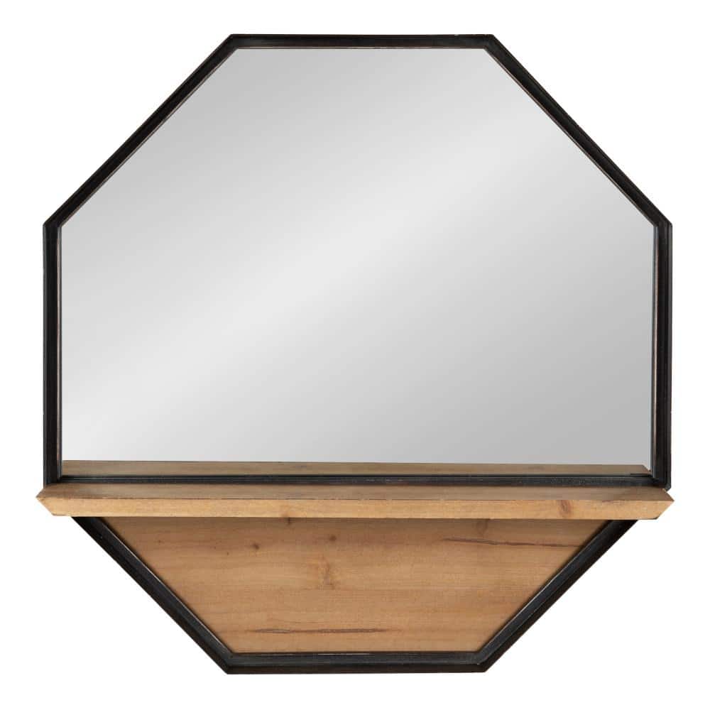 Octagon Black Metal Wall Mirror with Wood Shelf