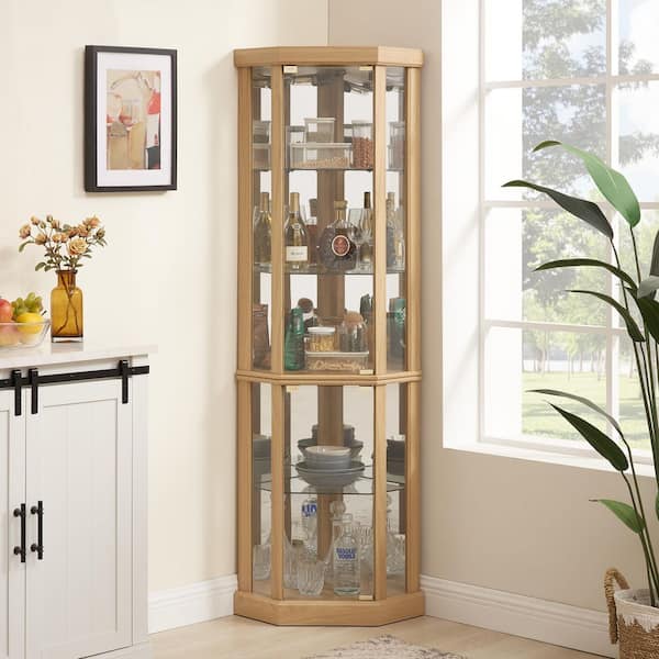 69.85 in. H White Corner Curio Cabinet, Glass Display Cabinet, Bar Glass Storage with LED Lights and Adjustable Shelves