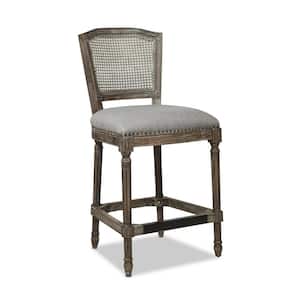Triomphe 26.5 in. Gray Linen French Country High Back Rattan Wicker Armless Kitchen Counter Bar Stool