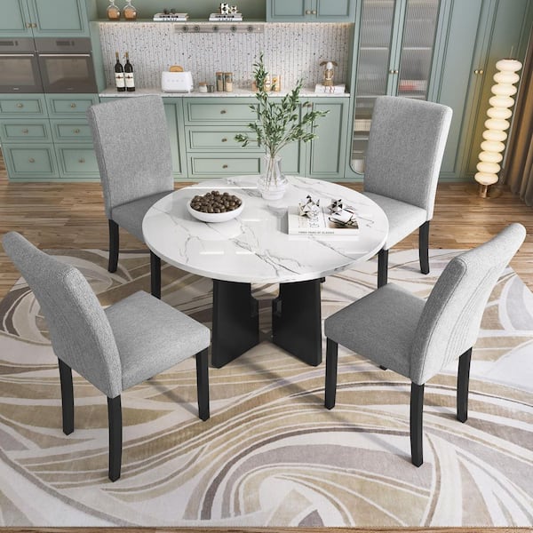 5-Piece White and Gray MDF Top and Beautiful Marble Texture Round 4-Dining Table Set Seats with 4-Upholstered Chairs