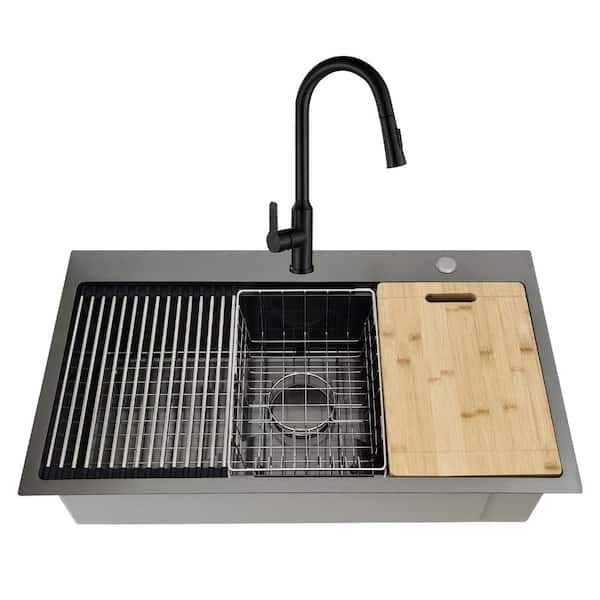 33x19 Drop-In Workstation Kitchen Sink w/ Pull-Down Faucet, Black Stainless Steel 16-Gauge Single Bowl, 6 Acc