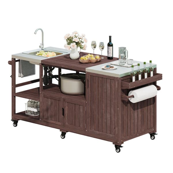 Brown Solid Wood Outdoor Bar Cart Grill Cart Kitchen Island with Sink, Stainless Steel Top
