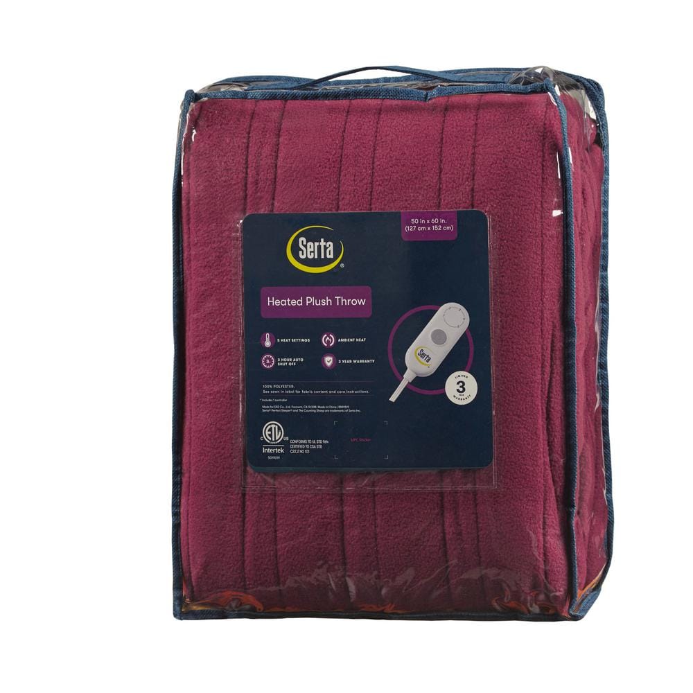 Burgundy Fleece and Sherpa Reversible Heated Throw, 50x60 inch