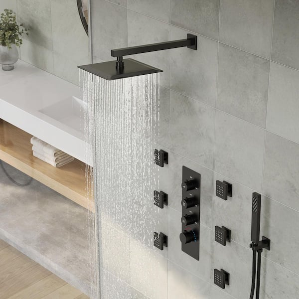 4-Knobs 7-Spray 12 in. Thermostatic Rain Dual Shower Head Fixed and Handheld Shower Head in Matte Black
