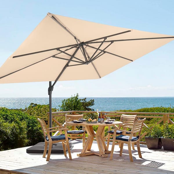Sonkuki Sand Premium 11.5 x 9 ft. Cantilever Patio Umbrella with a Base and 360° Rotation and Infinite Canopy Angle Adjustment