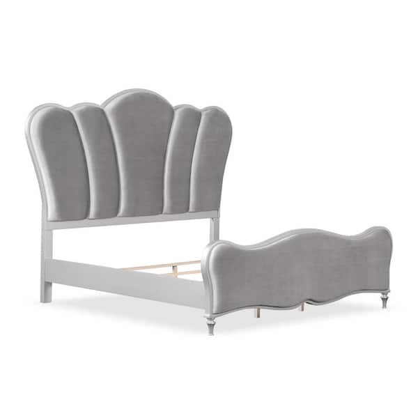 Seabliss Glam Silver Velvet Wood Frame King Platform Bed with Padded Tall Headboard