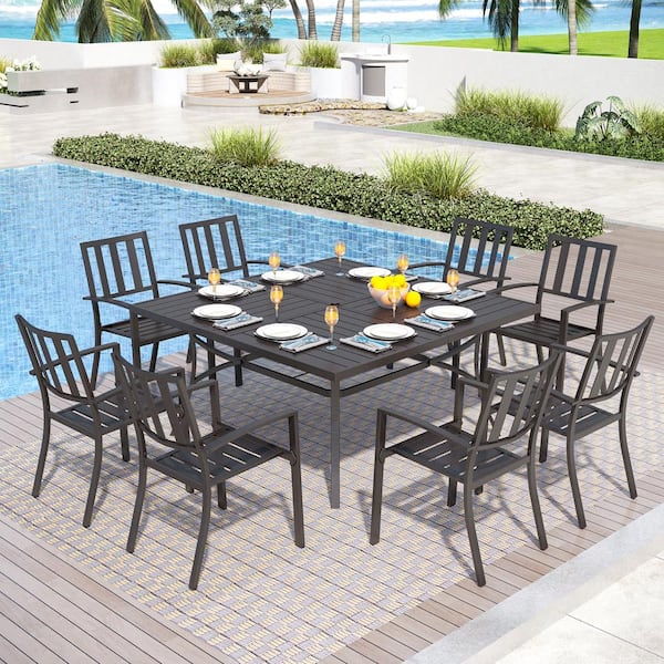 PHI VILLA 9-Piece Metal Outdoor Dining Set with Square Table and Black Modern Stackable Chairs
