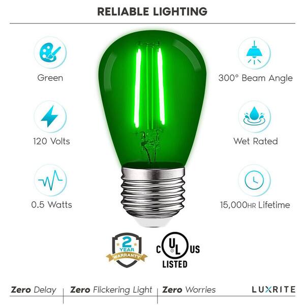 Luxrite S14 Edison LED Green Light Bulb 0.5W Colored LED Bulbs for Outdoor String Lights UL Listed E26 Base 4 Pack