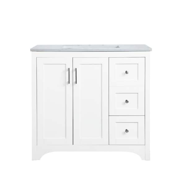 Britney 36 in. W x 22 in. D x 34 in. H Bath Vanity in White with White Carrara Marble Top with White Sink
