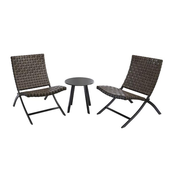 Clihome 3-Piece Metal Patio Conversation Set with Dark Brown Folding Chairs and Black Table