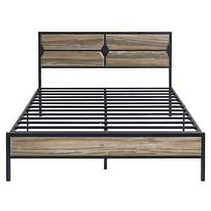 Bed Frame Gray Metal Frame Full Size Platform Bed with Wooden Headboard, Strong Metal Slat Support and Under-Bed Storage