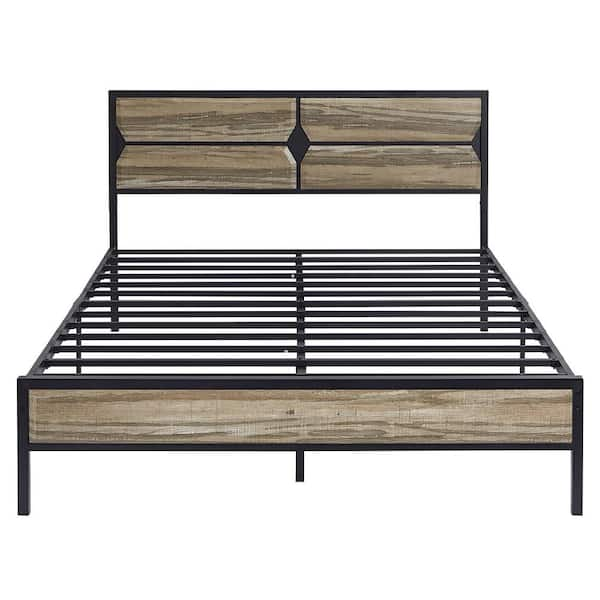 VECELO Bed Frame Gray Metal Frame Full Size Platform Bed with Wooden Headboard, Strong Metal Slat Support and Under-Bed Storage