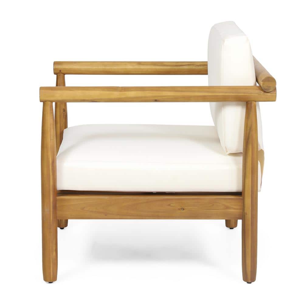 Teak Wood Outdoor Lounge Chairs with Cream Cushions, Set of 2