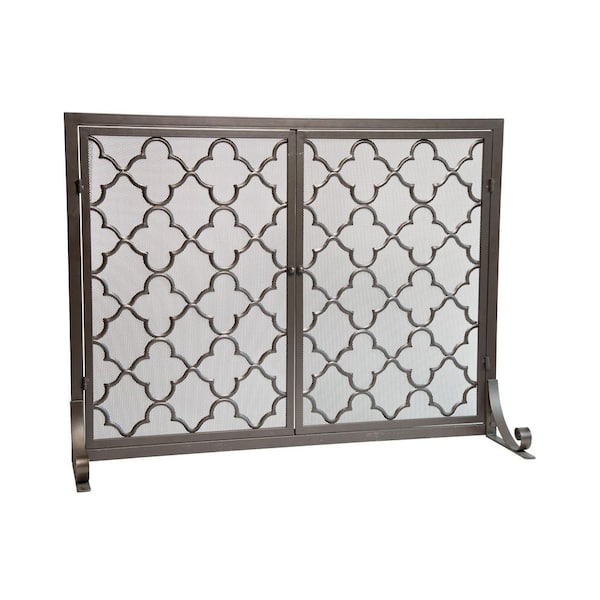 44 in. x 33 in. Geometric Pewter Metal 1-Panel Fireplace Screen with Doors