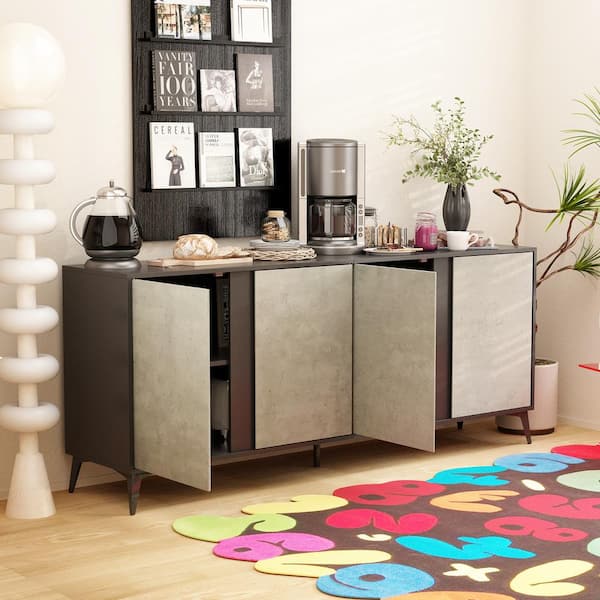 FUFU&GAGA Black and Gray Wooden 70.9 in. Width Storage Cabinet, Sideboard with 4-Doors and 8-Tier Shelves